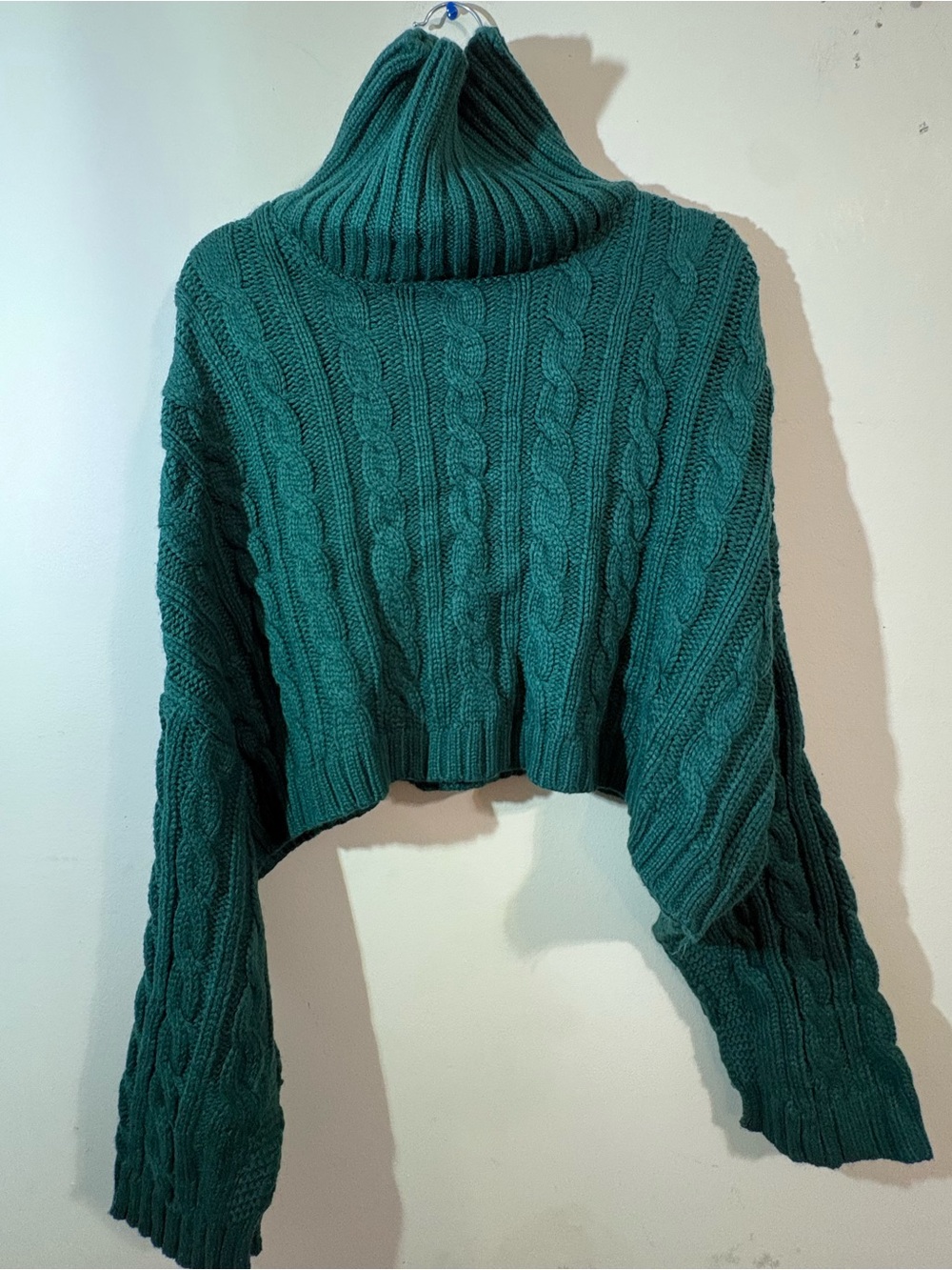 Fashion Cropped Cable-Knit Turtleneck Sweater Women’s XL Teal chunky‎ cable knit